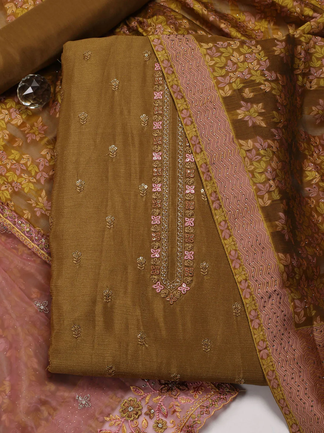 Booti Embroidered Chinon Unstitched Suit Piece With Dupatta