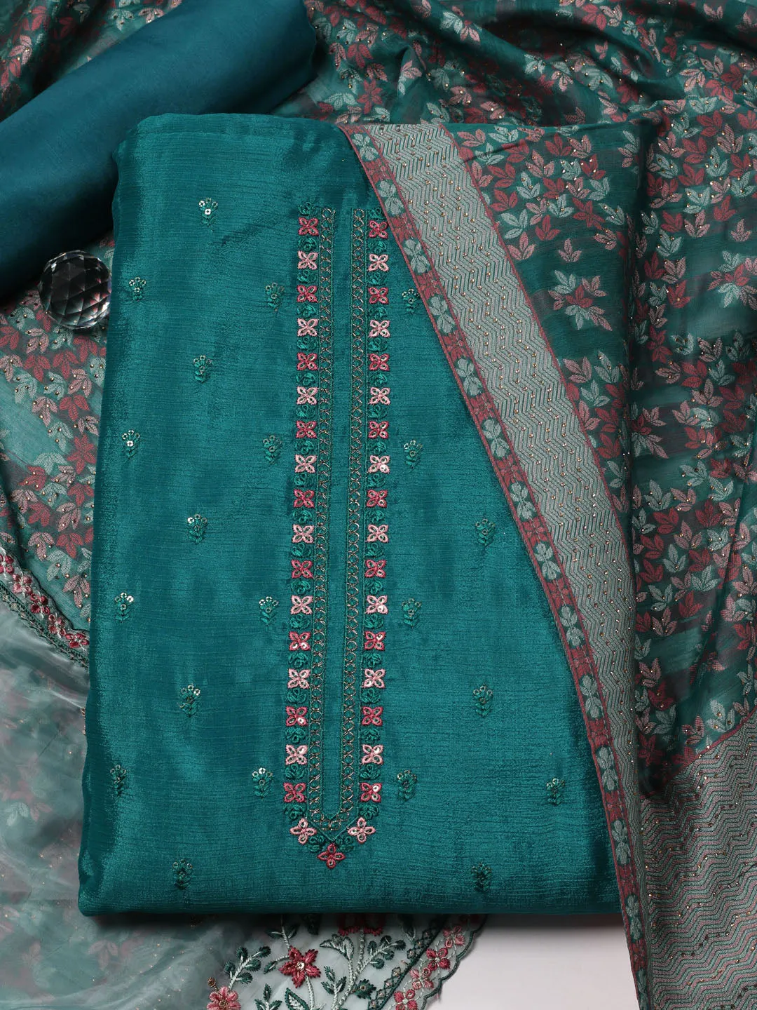 Booti Embroidered Chinon Unstitched Suit Piece With Dupatta