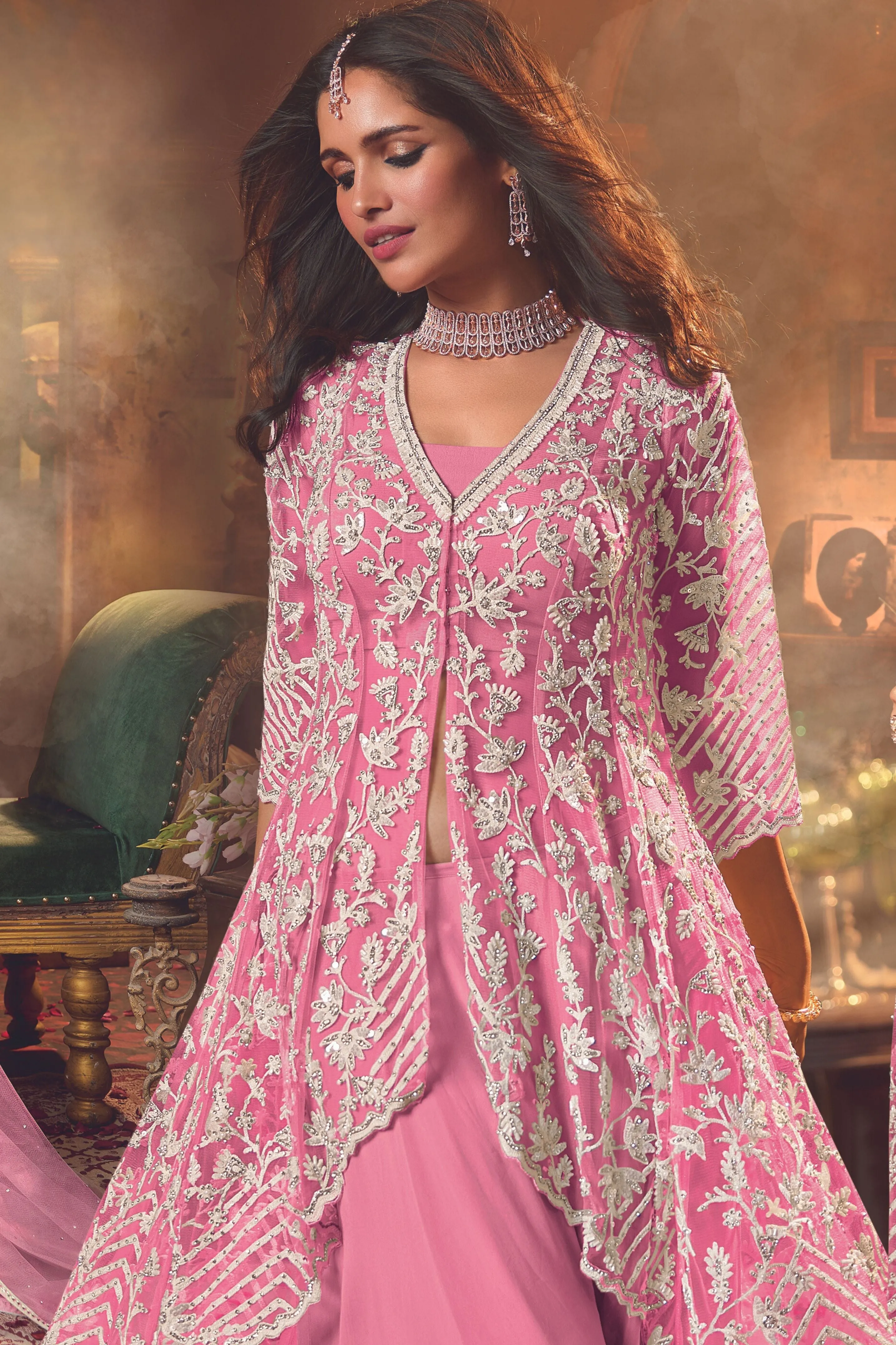 Bright Pink Embellished Swiss Georgette Silk Palazzo Set