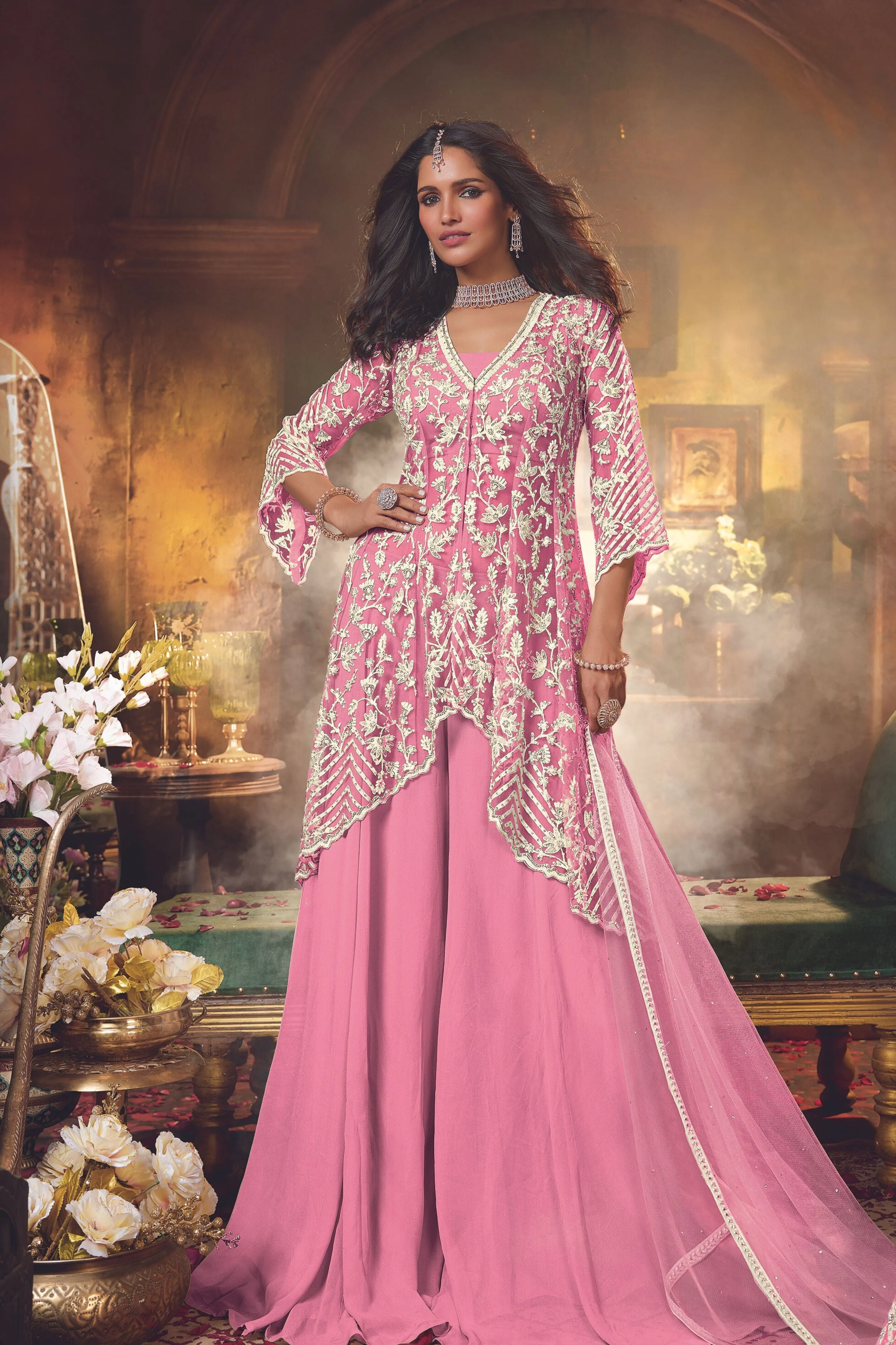 Bright Pink Embellished Swiss Georgette Silk Palazzo Set