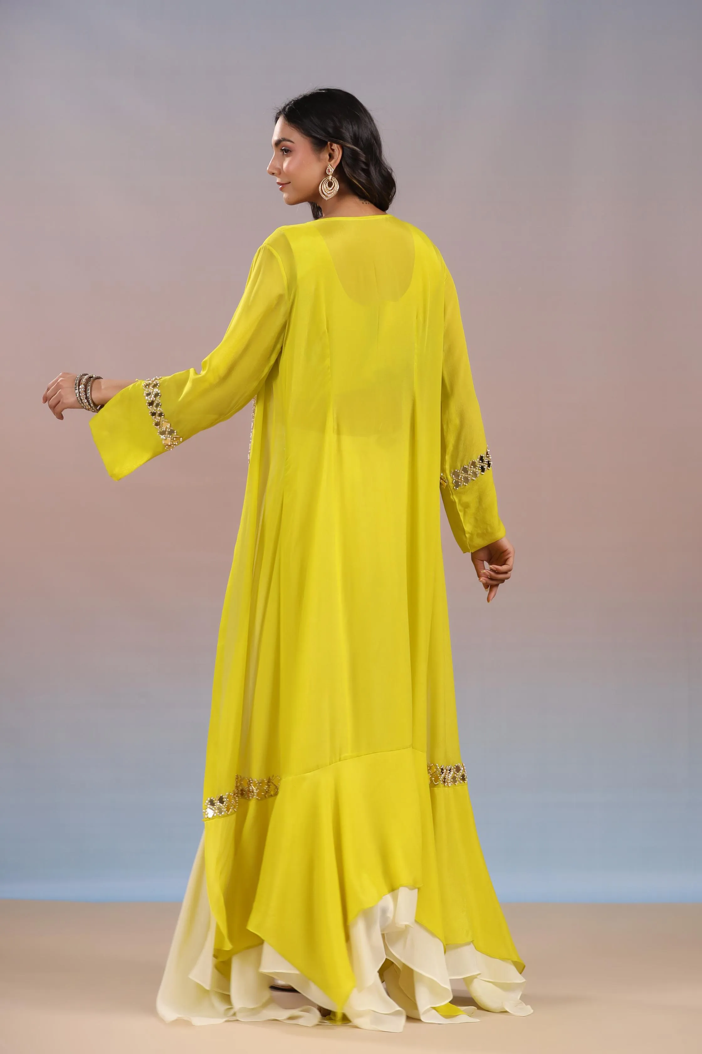 Bright Yellow Embellished Swiss Georgette Silk Cape Set