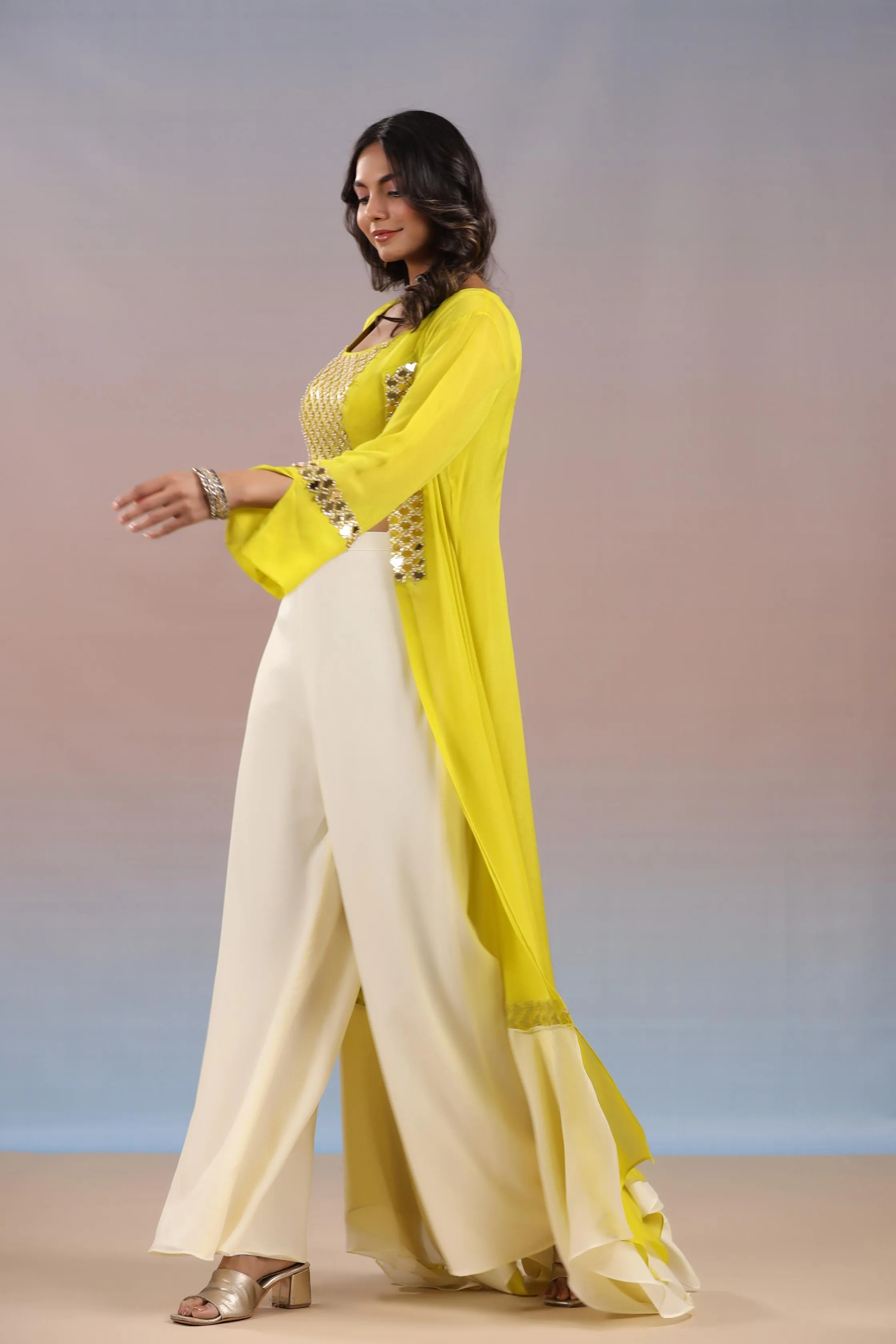 Bright Yellow Embellished Swiss Georgette Silk Cape Set