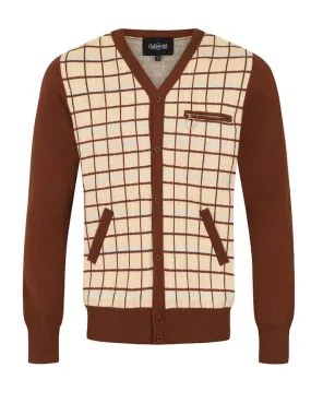 Brown Retro Grid Pattern 1950s Vintage Style Cardigan