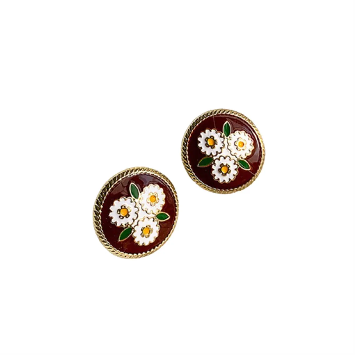 Brown Round Enamel Geometric Flower Stud Earrings