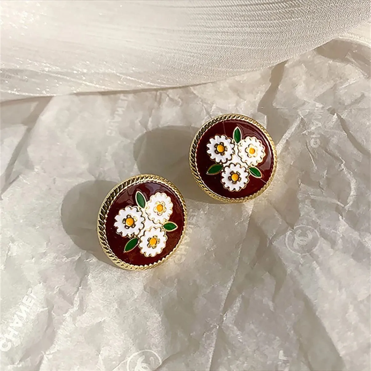 Brown Round Enamel Geometric Flower Stud Earrings