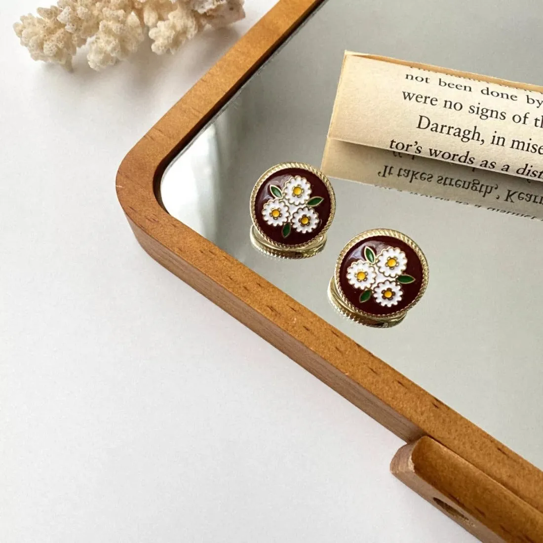 Brown Round Enamel Geometric Flower Stud Earrings