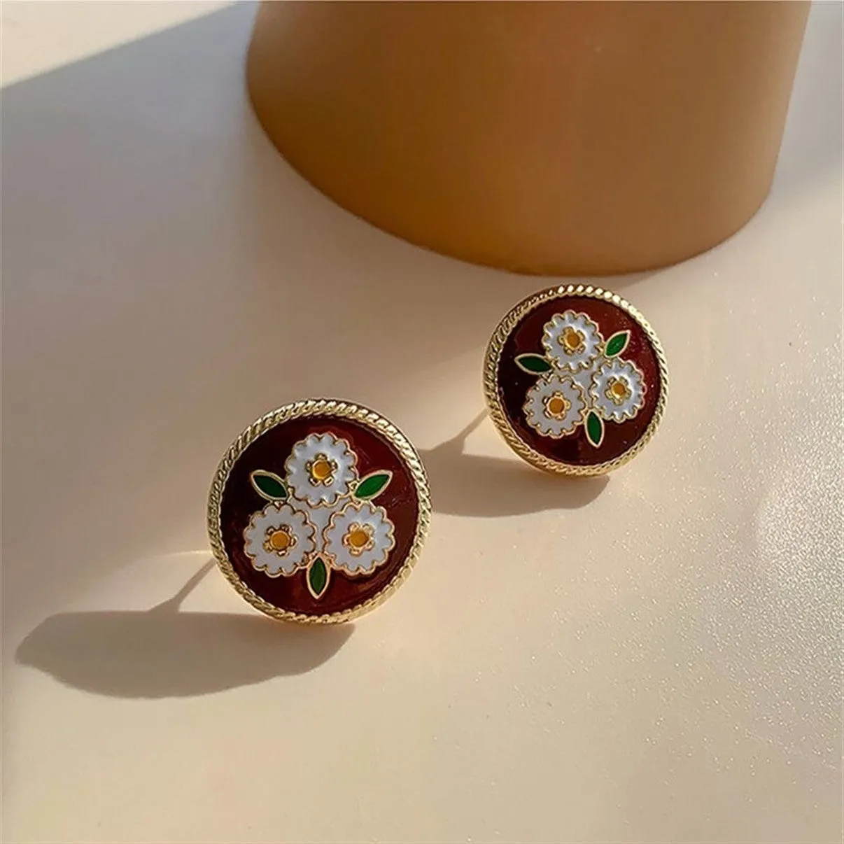 Brown Round Enamel Geometric Flower Stud Earrings