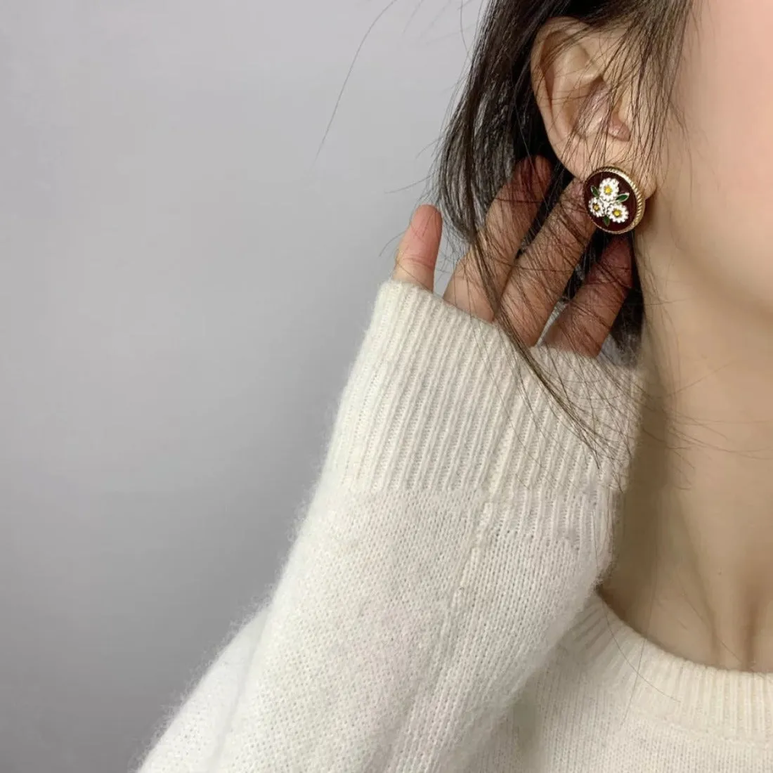 Brown Round Enamel Geometric Flower Stud Earrings