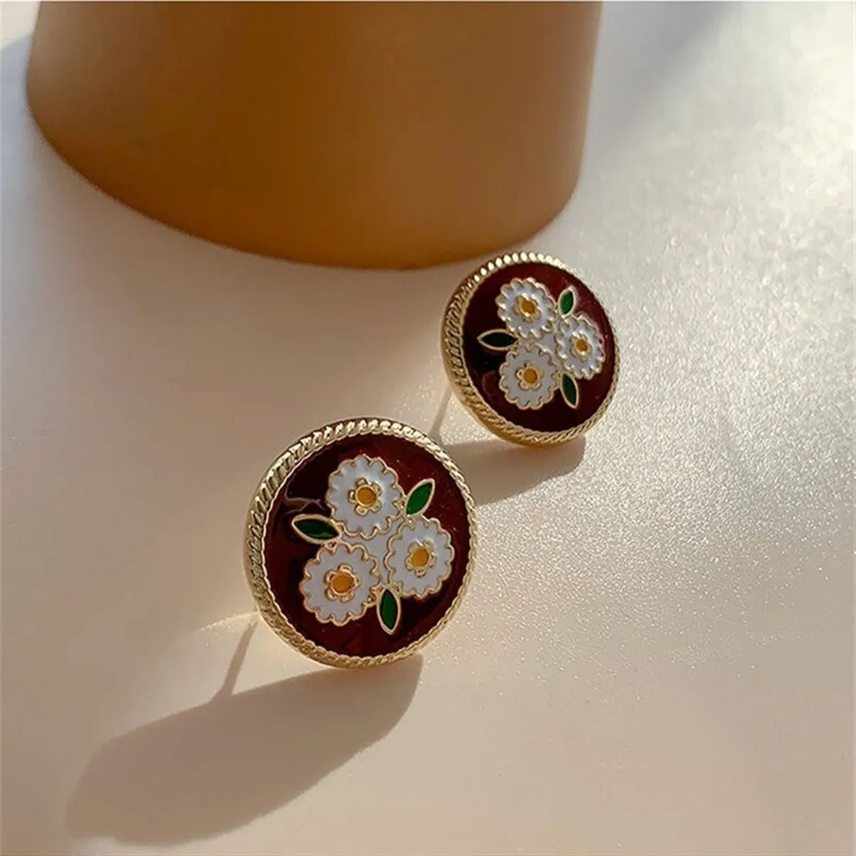 Brown Round Enamel Geometric Flower Stud Earrings