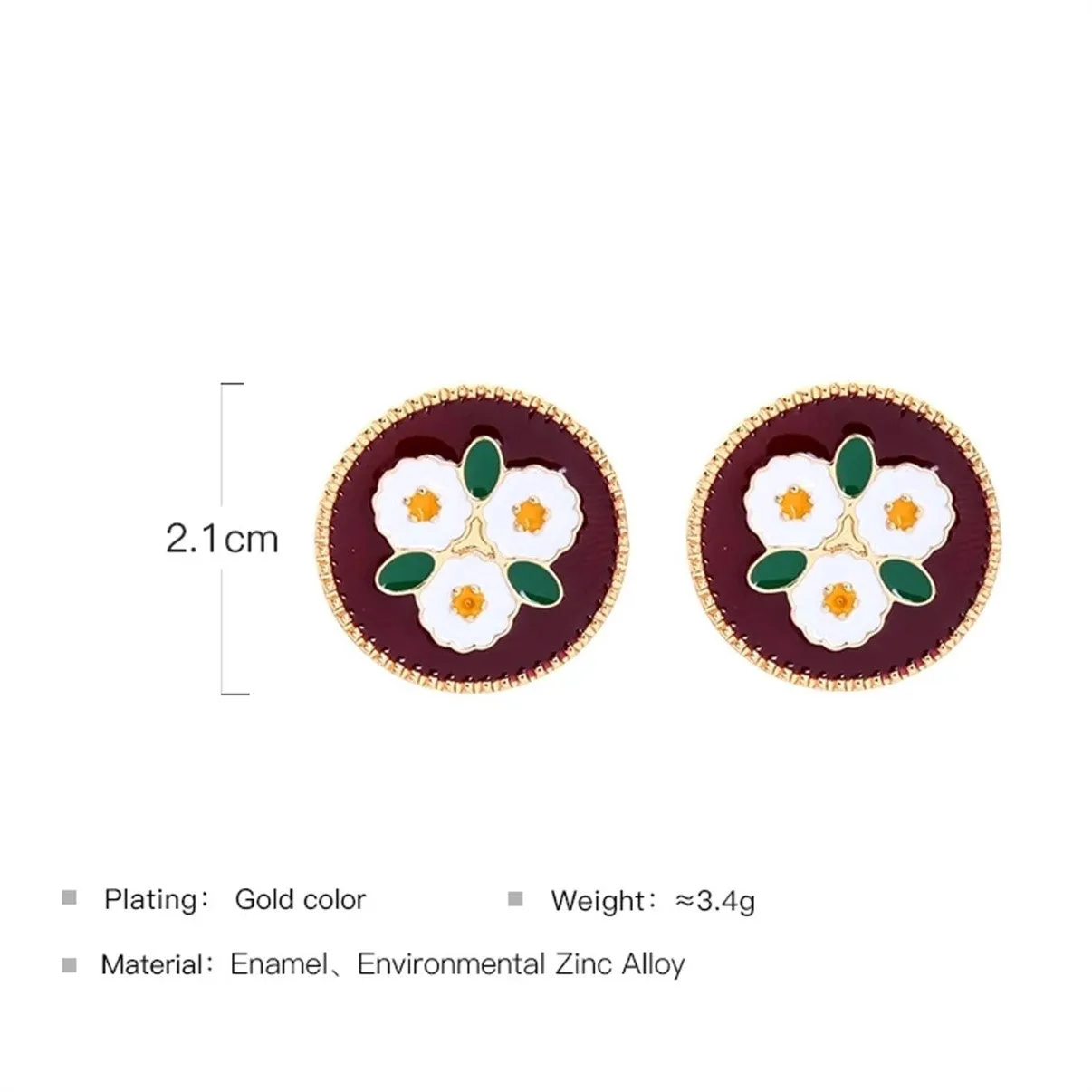 Brown Round Enamel Geometric Flower Stud Earrings