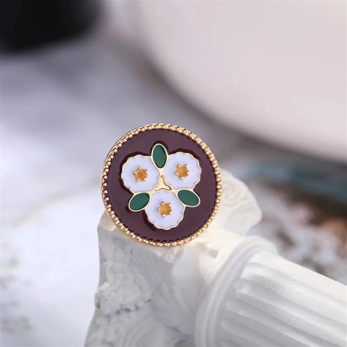 Brown Round Enamel Geometric Flower Stud Earrings