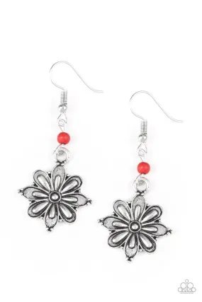 Cactus Blossom Red and Silver Flower Earrings - Paparazzi Accessories