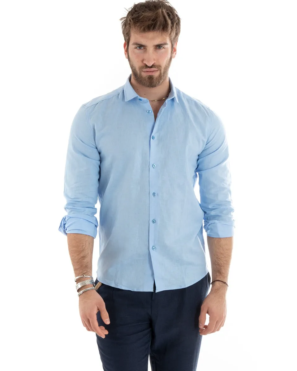 Camicia Uomo Con Colletto Tinta Unita Celeste Lino Manica Lunga Casual Sartoriale GIOSAL-C2718A