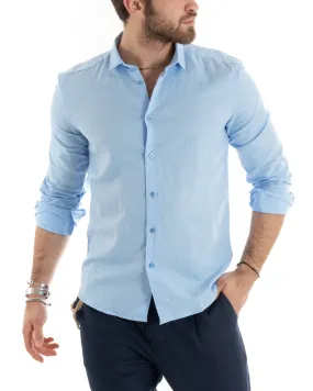 Camicia Uomo Con Colletto Tinta Unita Celeste Lino Manica Lunga Casual Sartoriale GIOSAL-C2718A