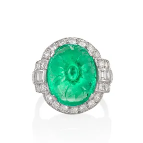 Carved Emerald and Diamond Ring