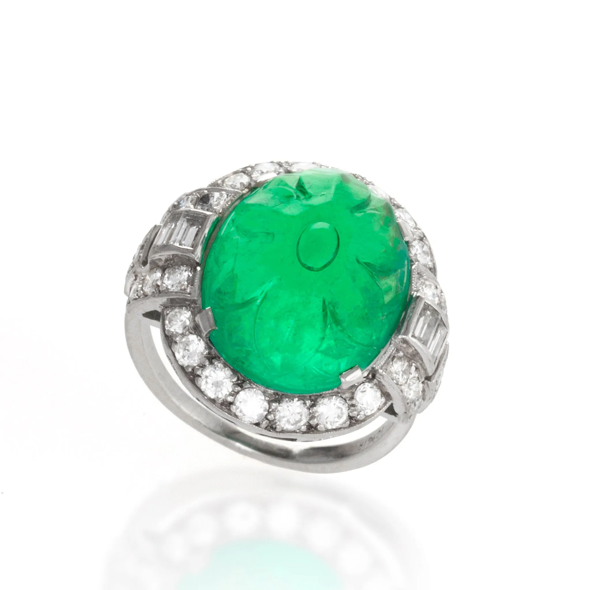 Carved Emerald and Diamond Ring