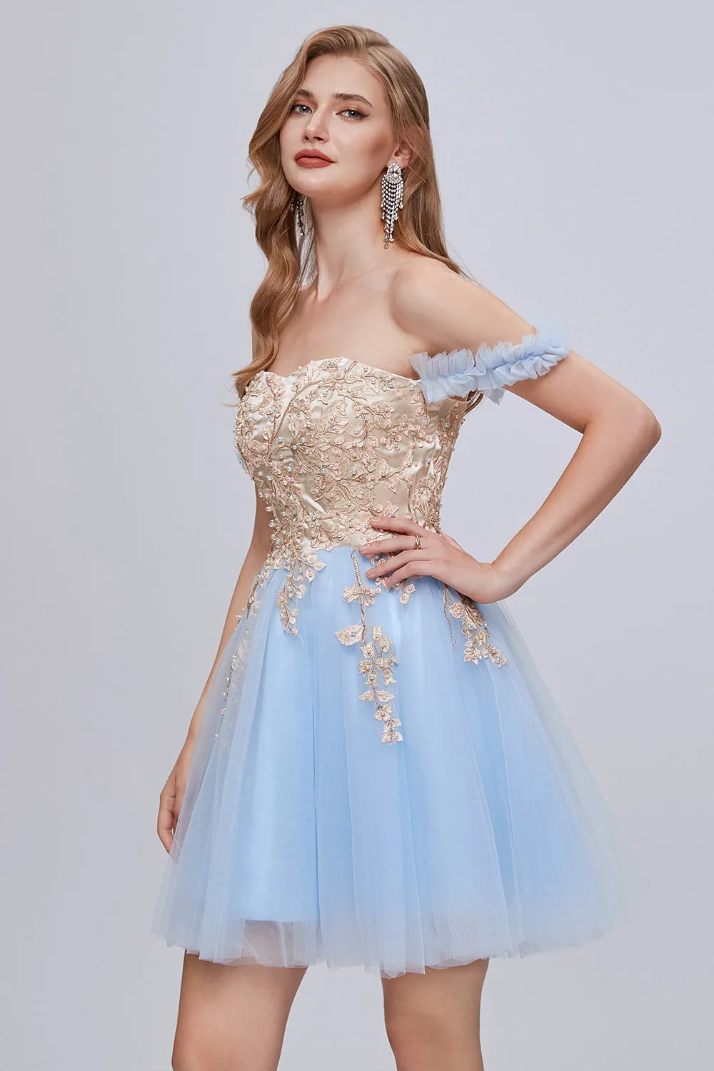 Chic Blue Off The Shoulder Lace Appliques Tulle Homecoming Dresses