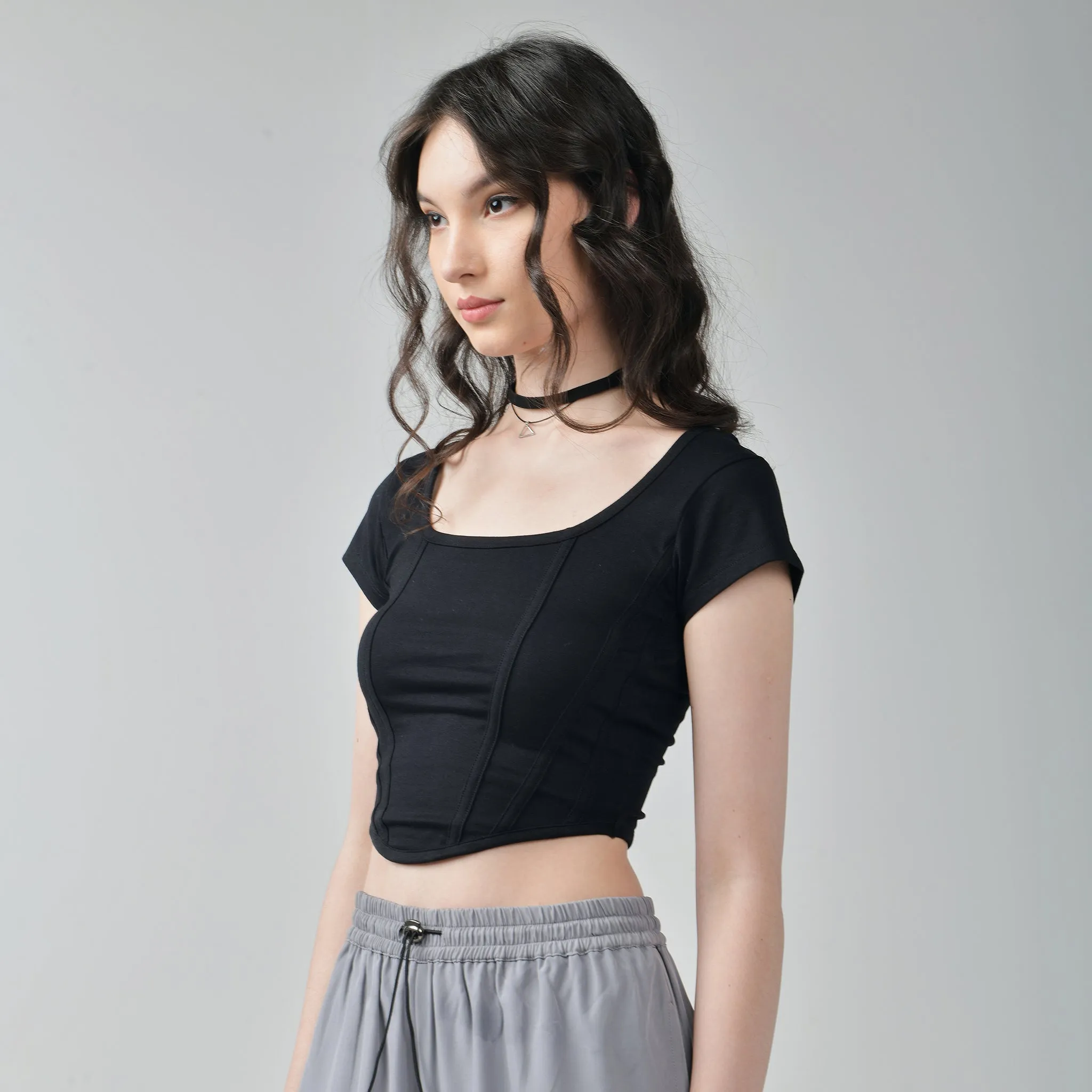 Chic Trio: Ruffle Top, Buckle Top, and Corset Crop Top Bundle