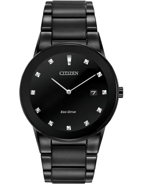 Citizen Eco-Drive Axiom Mens Diamond Watch - Black Dial&#44; Case & Bracelet - Date