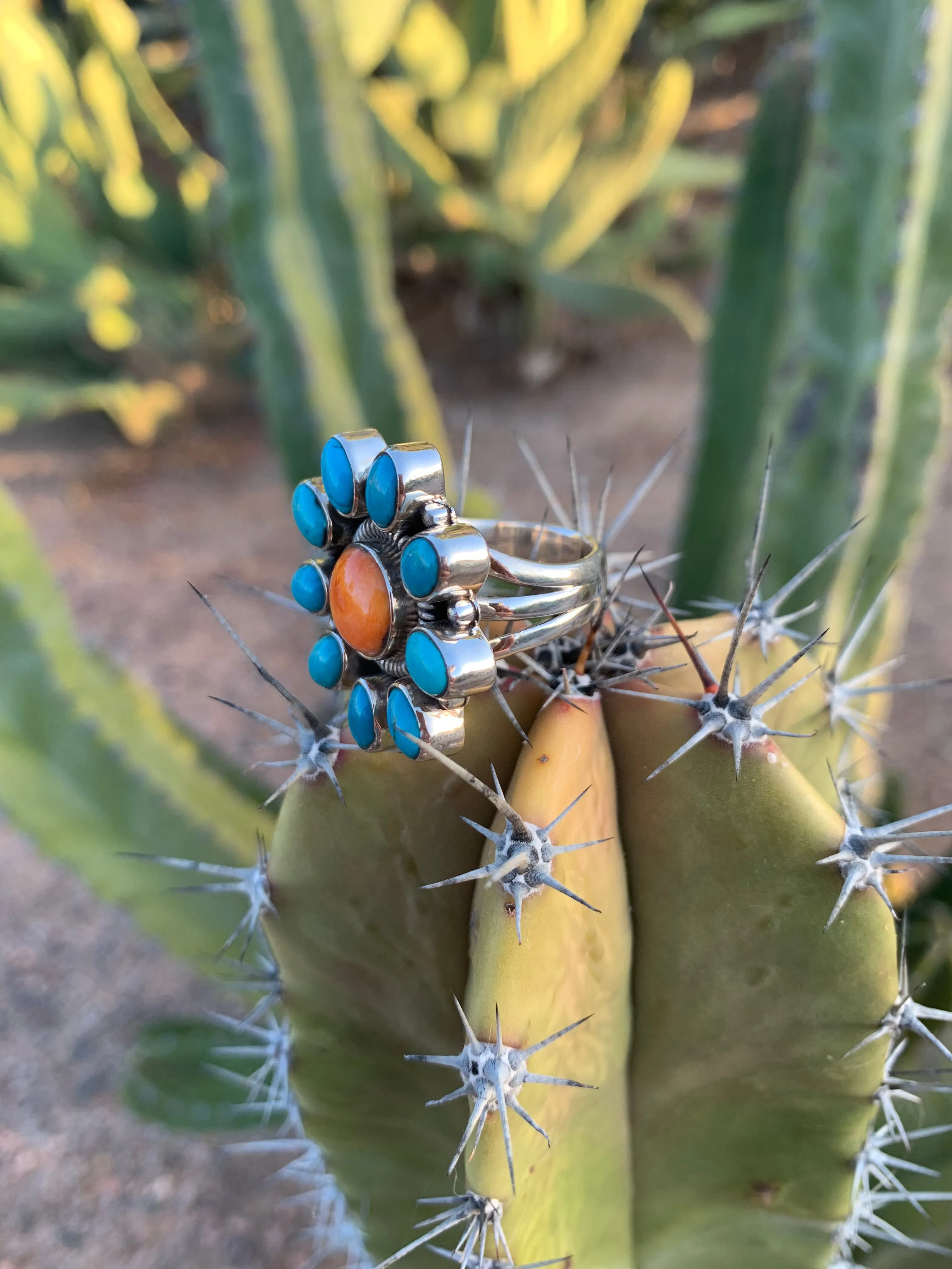 Cluster of Spiny Oyster & Turquoise ring size 7