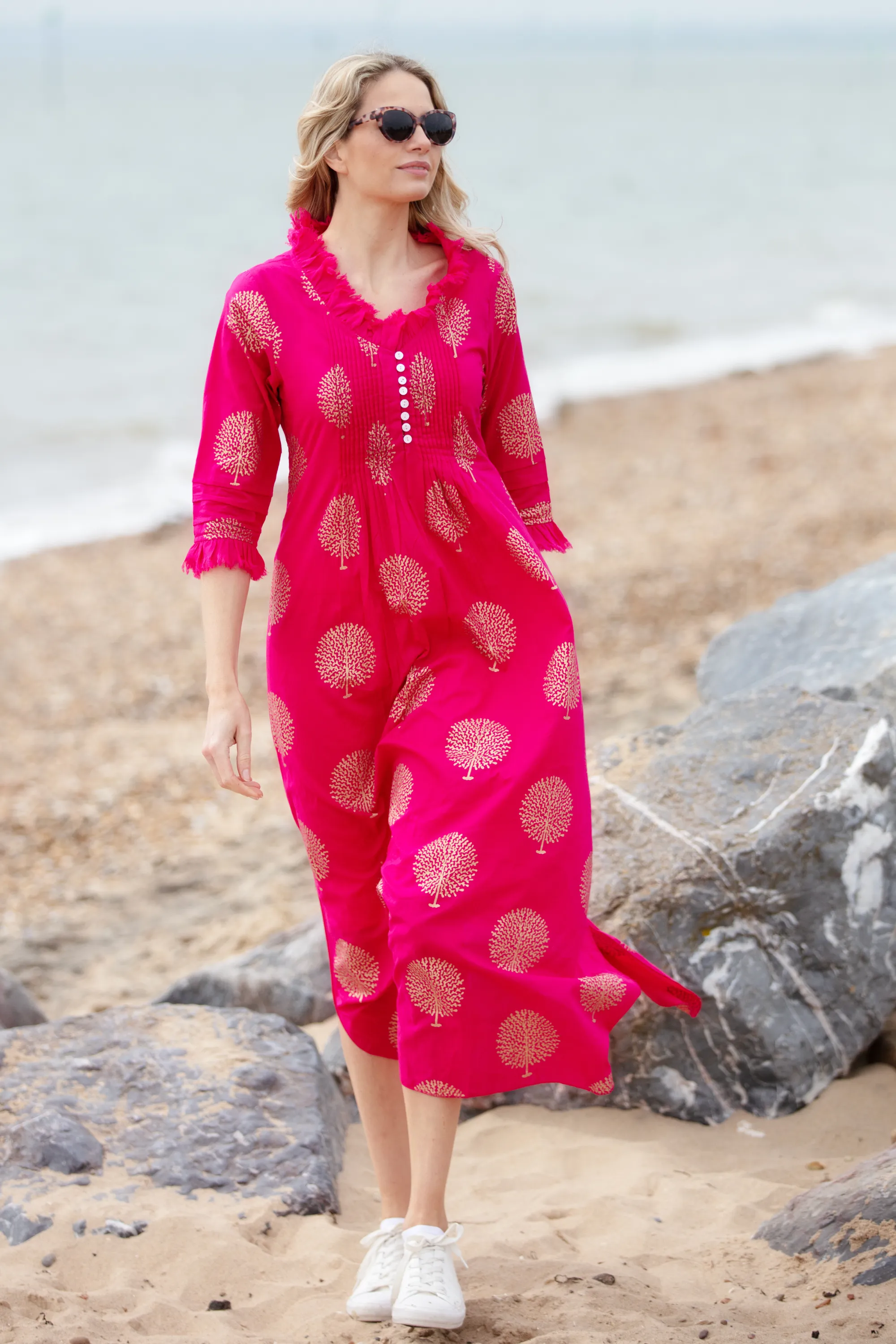 Cotton Annabel Maxi Dress in Fuschia & Gold