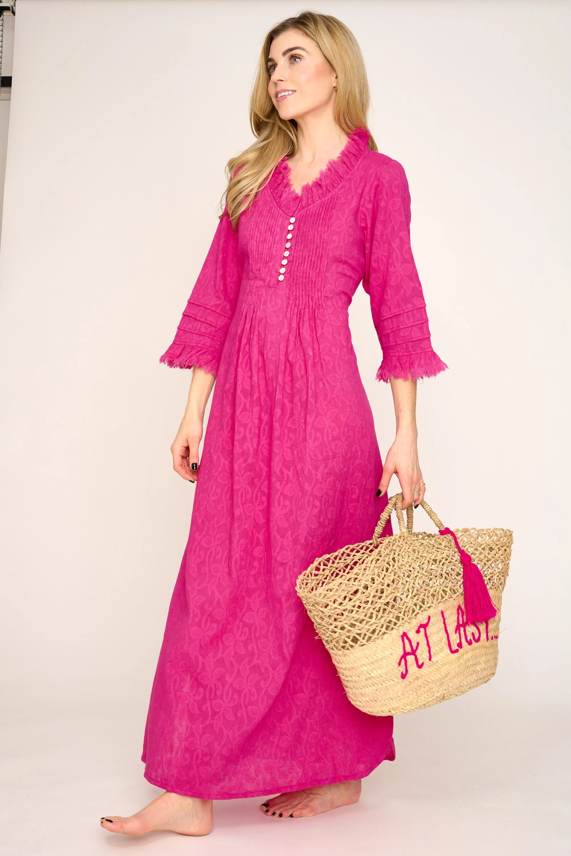 Cotton Annabel Maxi Dress in Hand Woven Hot Pink