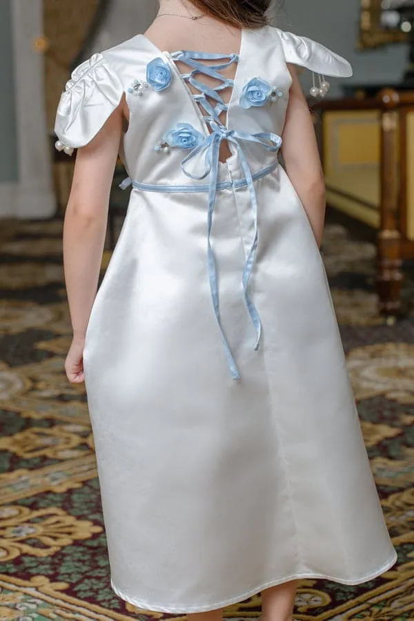 Daphne White Satin Dress with Blue Embroidery