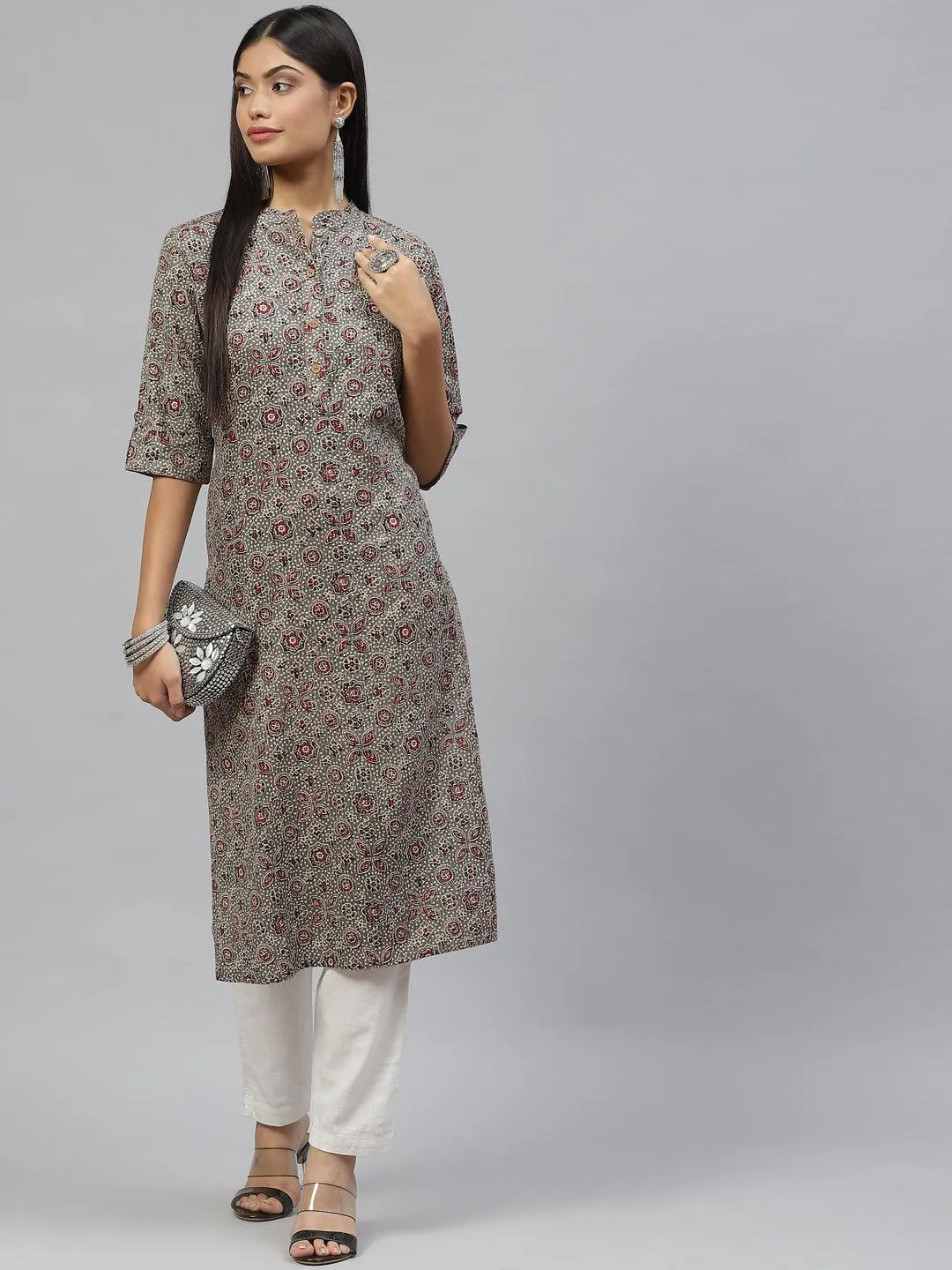 Divena Dark Gray and Maroon Cotton Straight Kurta