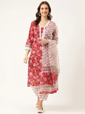 Divena Floral HandBlock Printed Kurta Trouser & Kota Dori Dupatta Set