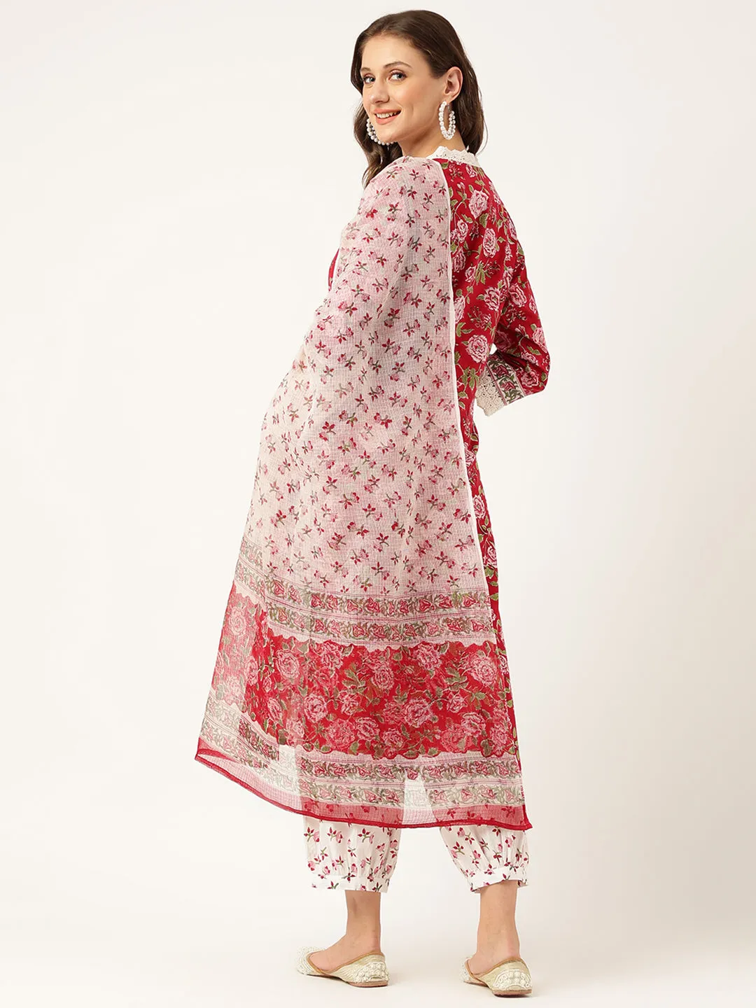 Divena Floral HandBlock Printed Kurta Trouser & Kota Dori Dupatta Set