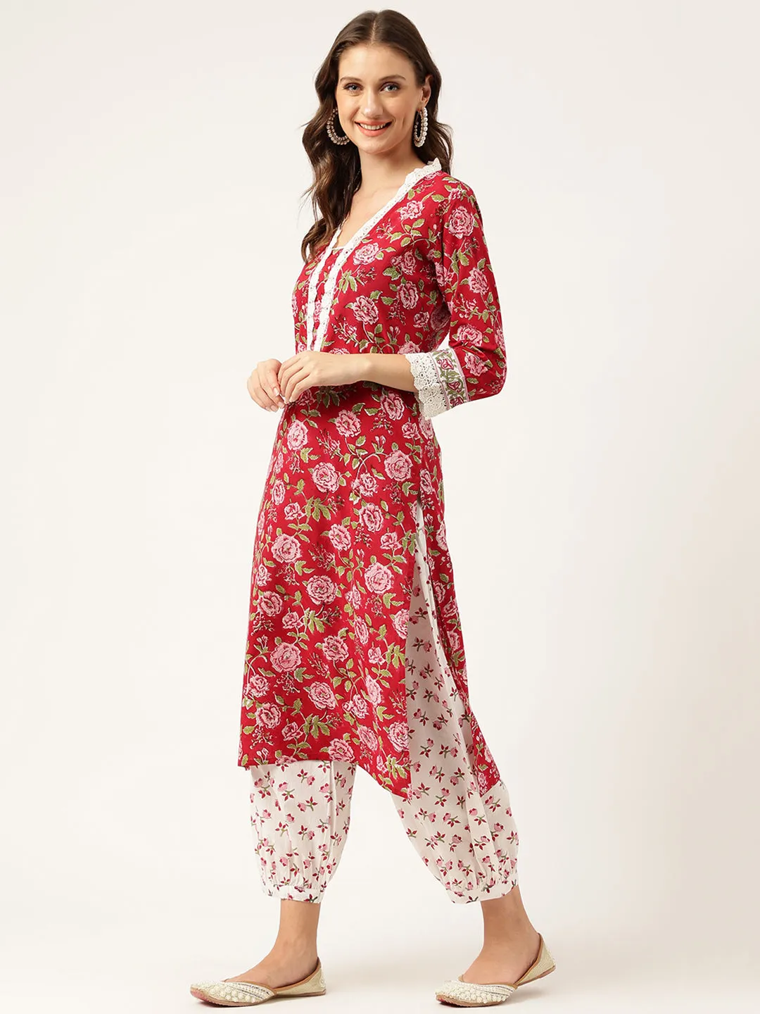 Divena Floral HandBlock Printed Kurta Trouser & Kota Dori Dupatta Set