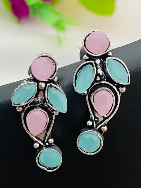 Elegant Blue And Pink Color Designer Silver Oxidized Earrings