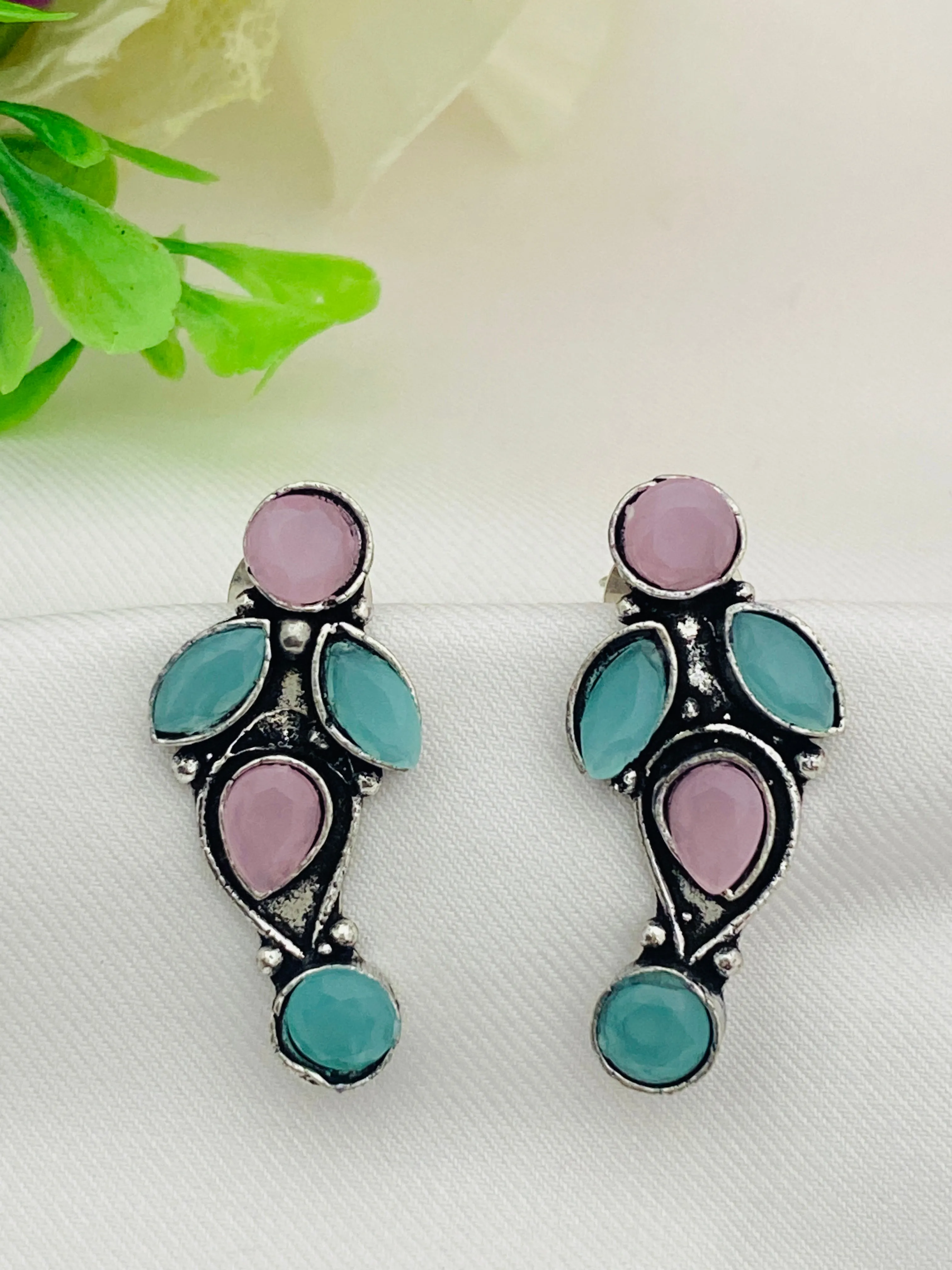 Elegant Blue And Pink Color Designer Silver Oxidized Earrings