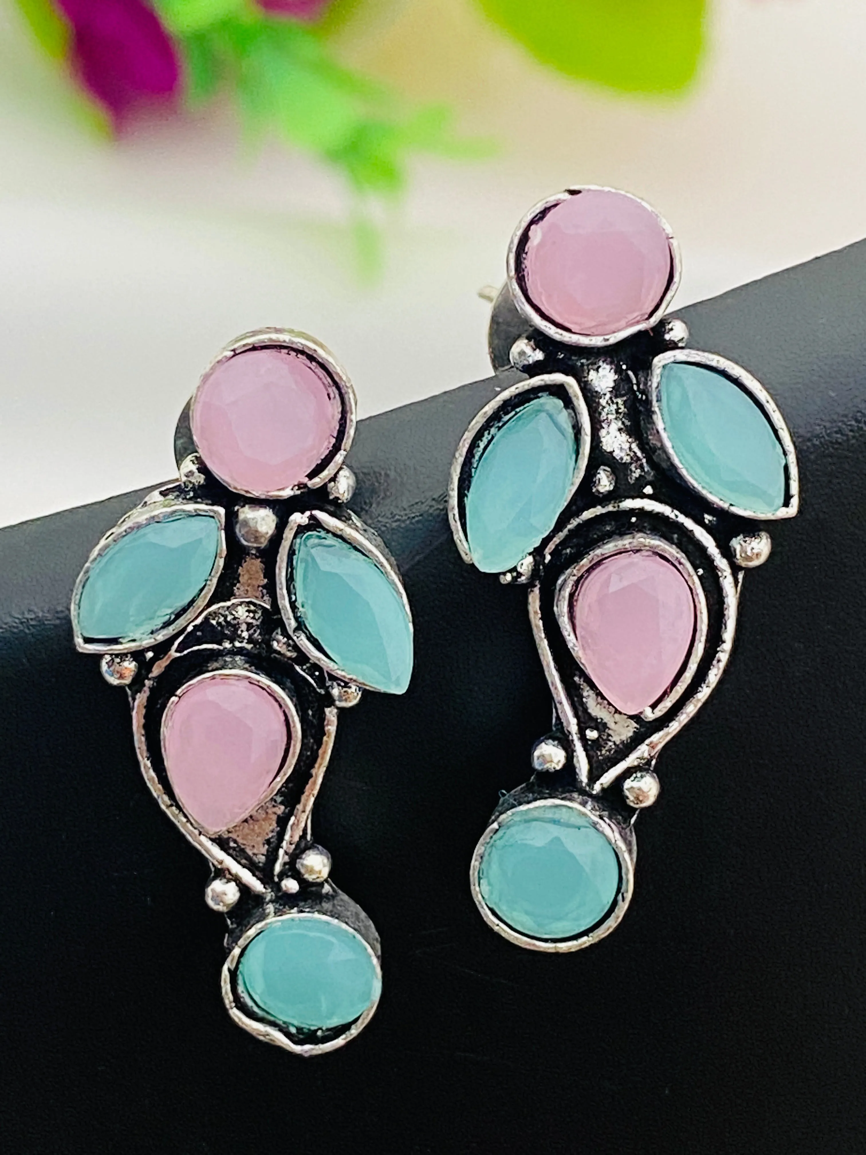 Elegant Blue And Pink Color Designer Silver Oxidized Earrings