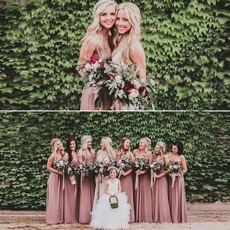 Elegant Chiffon Spaghetti Straps V Neck Bridesmaid Dresses Long Bridesmaid Gowns