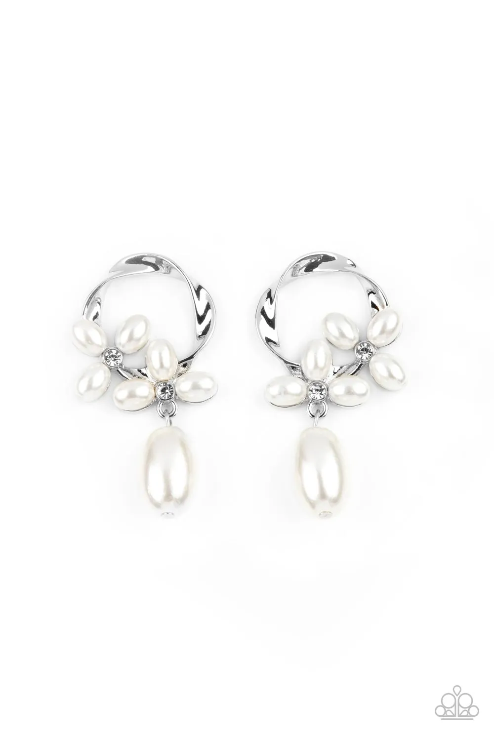 Elegant Expo White Pearl and Rhinestone Post Earrings - Paparazzi Accessories