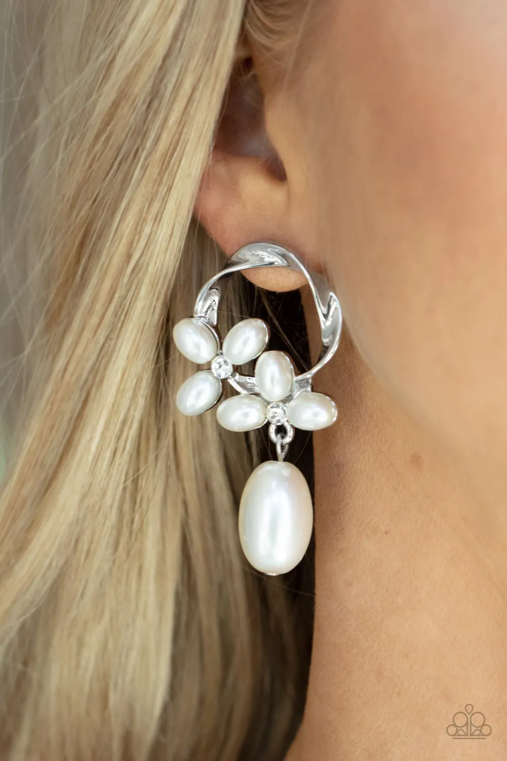 Elegant Expo White Pearl and Rhinestone Post Earrings - Paparazzi Accessories