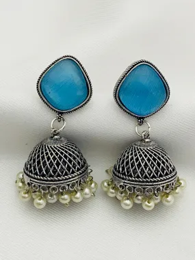 Elegant Skyblue Color Designer Silver Oxidized Jhumkhas With Pearl Hangings