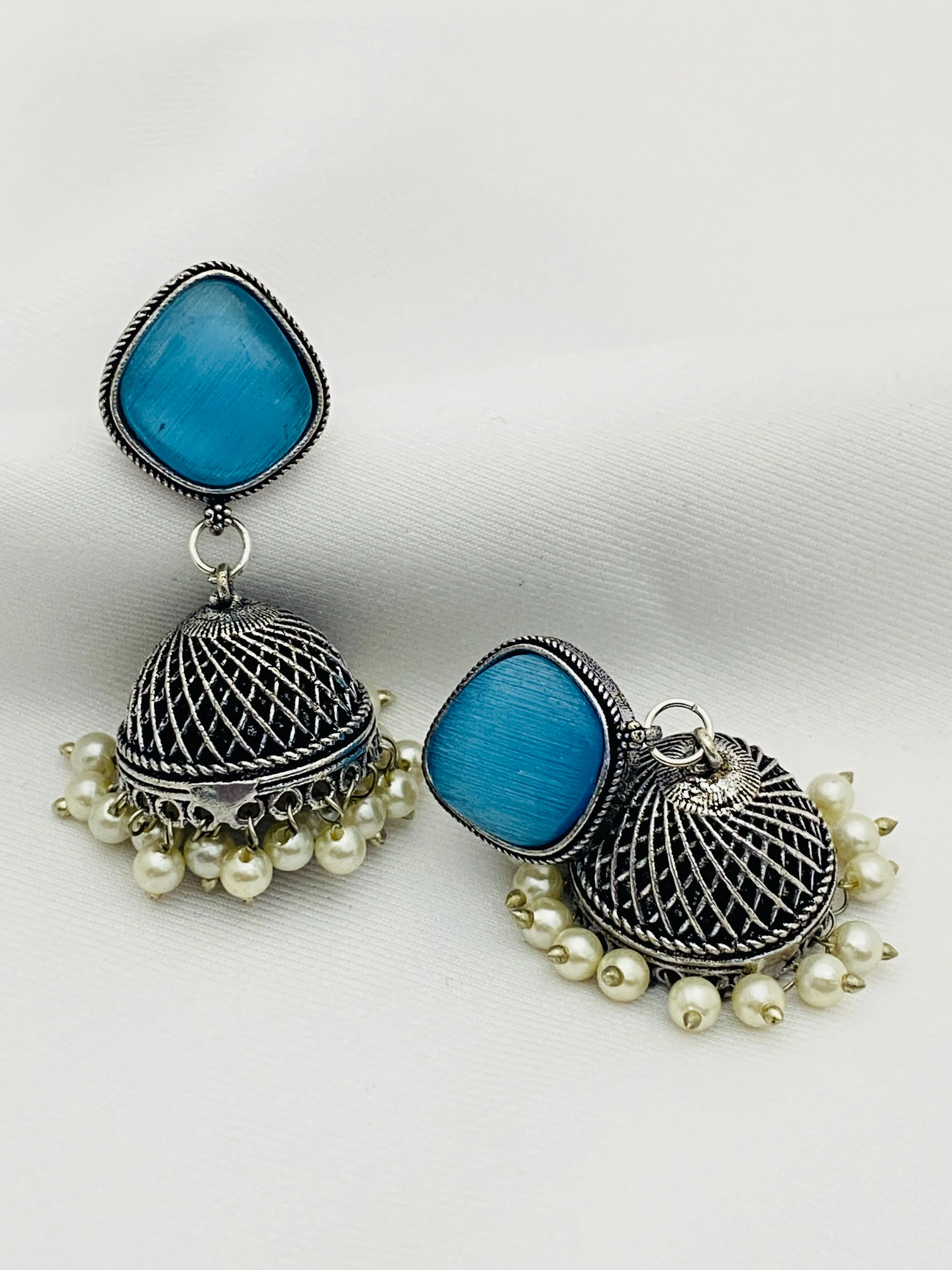 Elegant Skyblue Color Designer Silver Oxidized Jhumkhas With Pearl Hangings