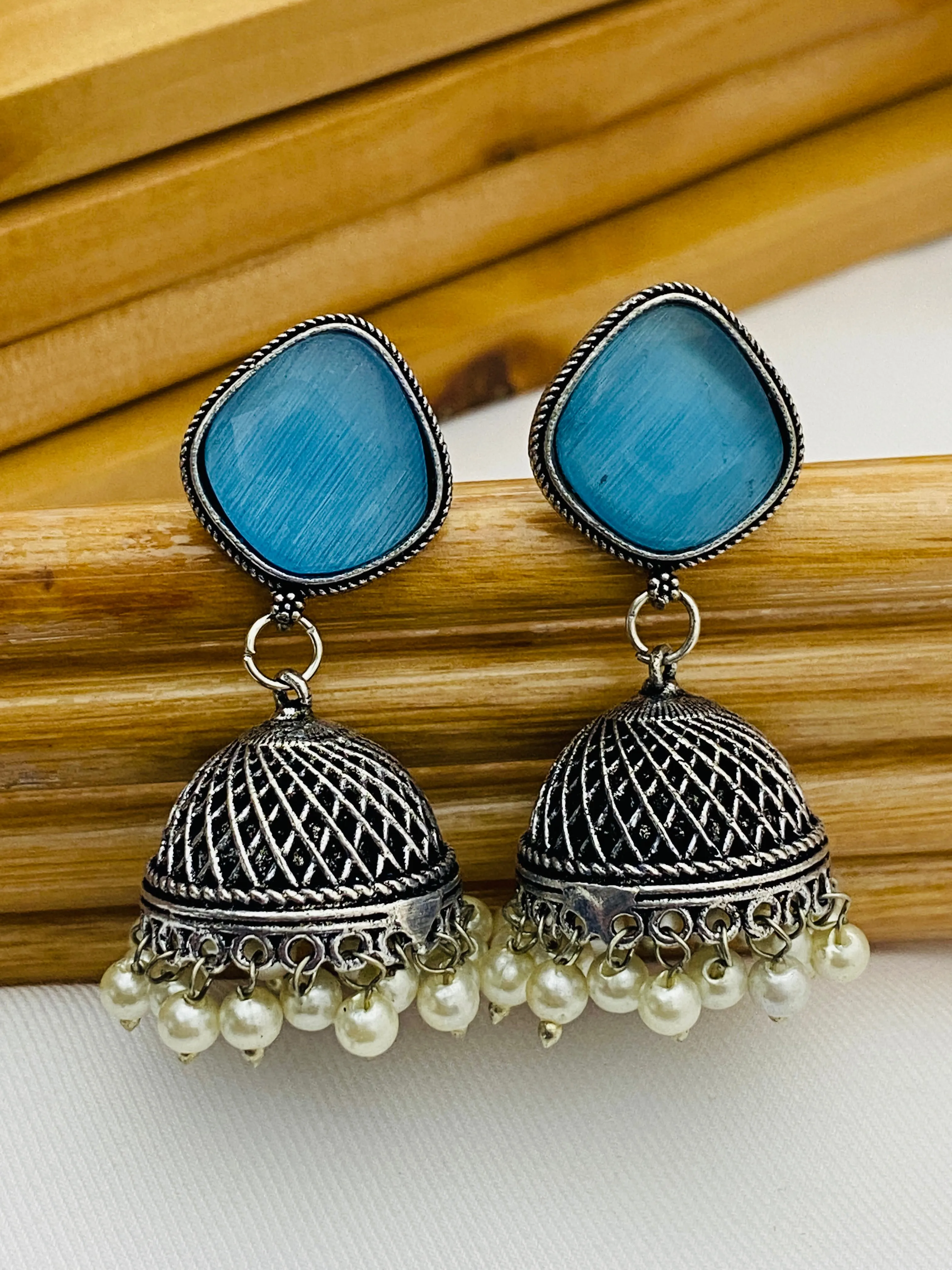 Elegant Skyblue Color Designer Silver Oxidized Jhumkhas With Pearl Hangings