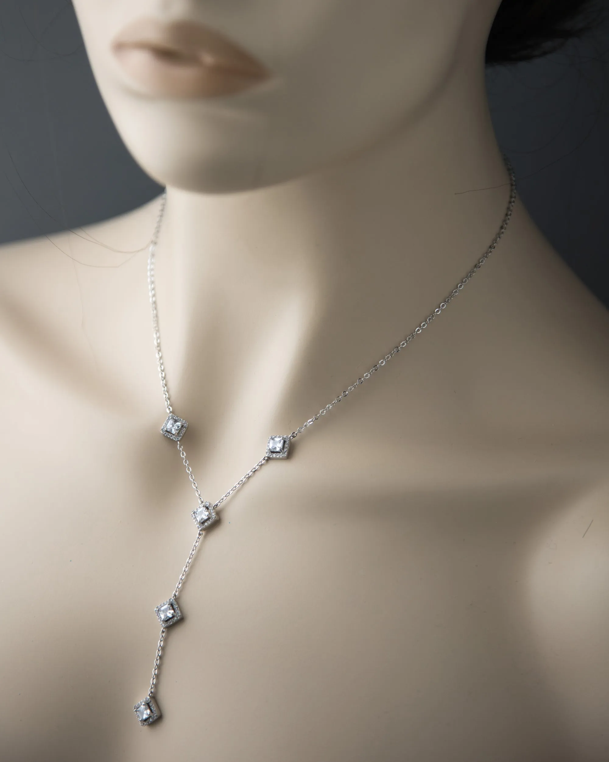 Elegant Y Drop Necklace with Pave Square CZ