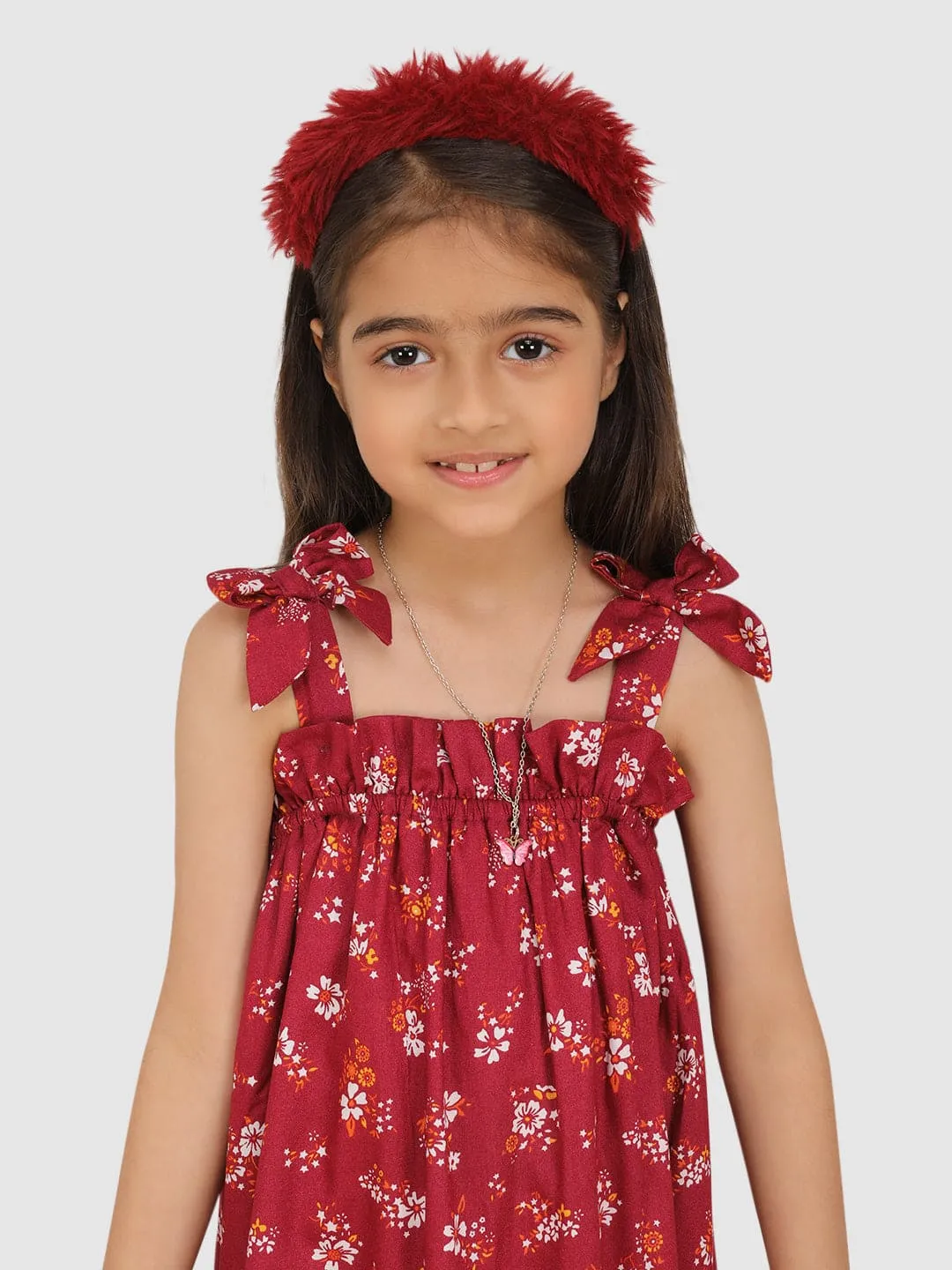 Embellished with shoulder bow& Neck Gathers dress-Maroon