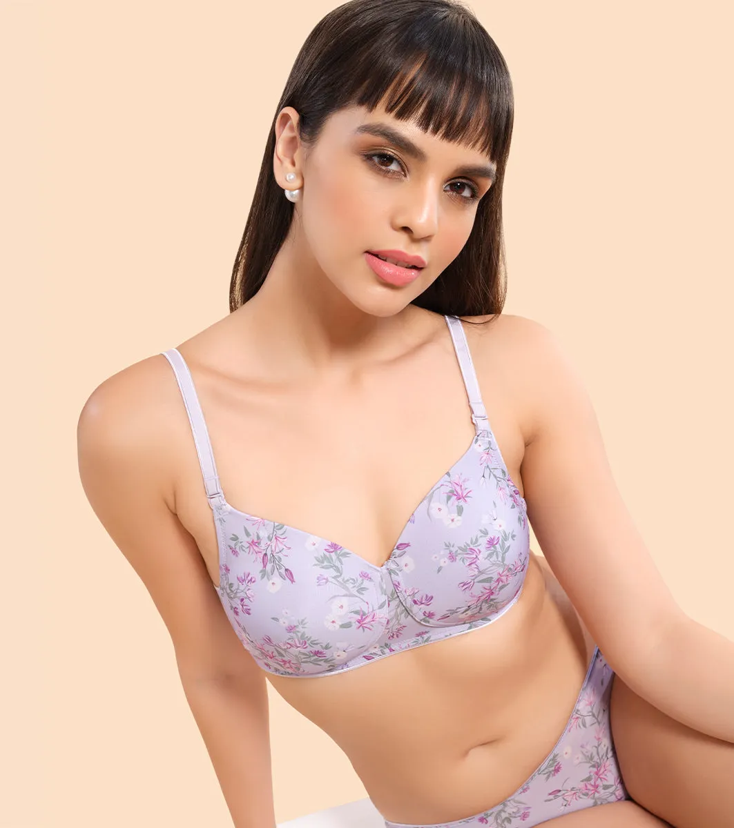 Enamor Dope Dye F165 Ecolite Fabric Smooth Support Bra for Women - Padded, Wirefree and High Coverage - Dainty Petal Print