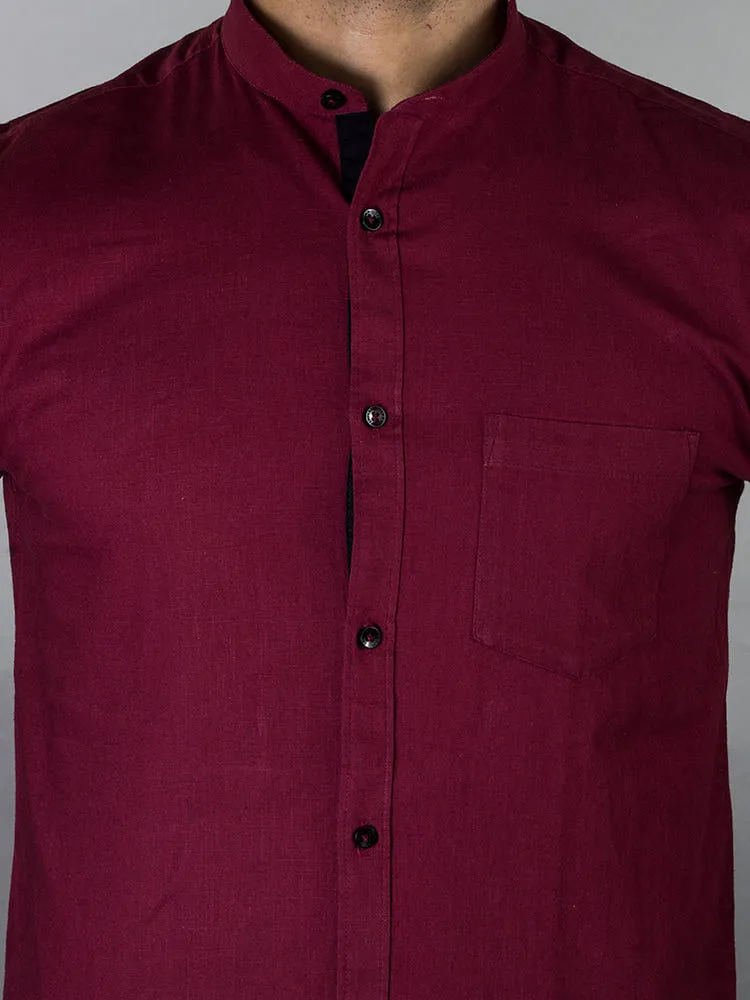 Formal Shirts - Maroon Solid Linen Formal Men Shirt