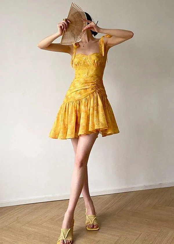 French Yellow Embroidered Slim Fit Strap Dresses Summer EE1001