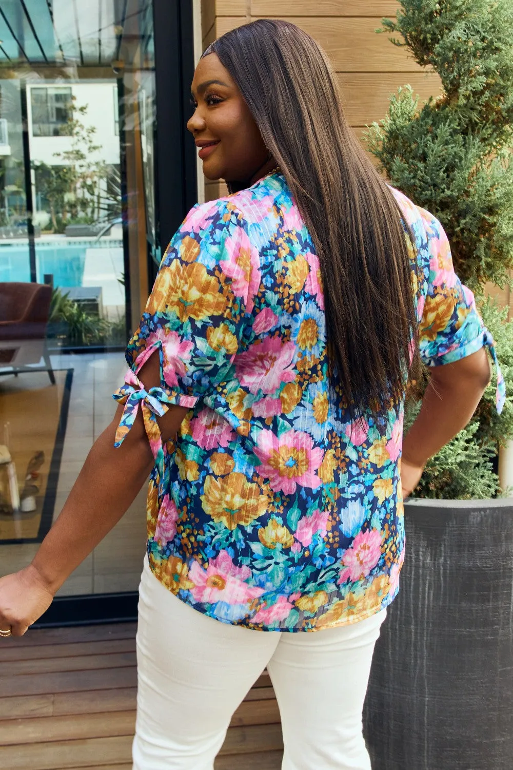 Full Size Floral V-Neck Tie Detail Blouse