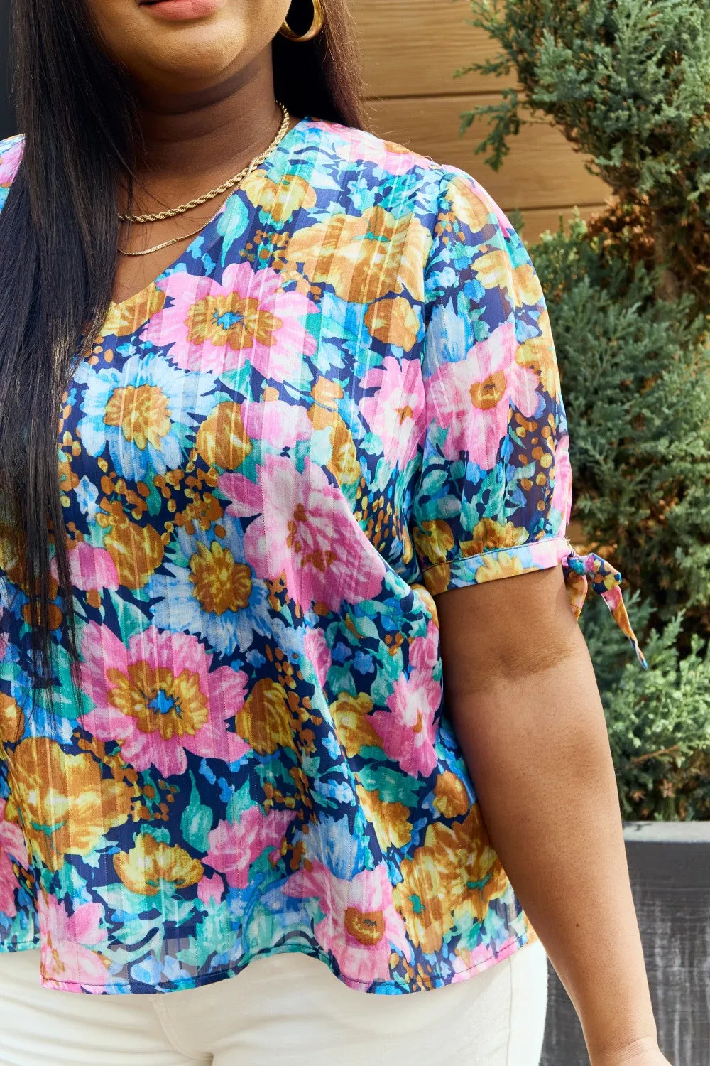 Full Size Floral V-Neck Tie Detail Blouse