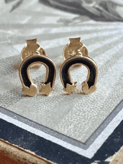 Gold Good Luck Earrings with Black Enamel