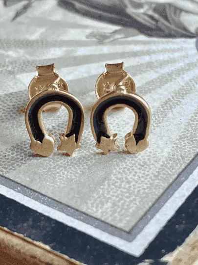 Gold Good Luck Earrings with Black Enamel