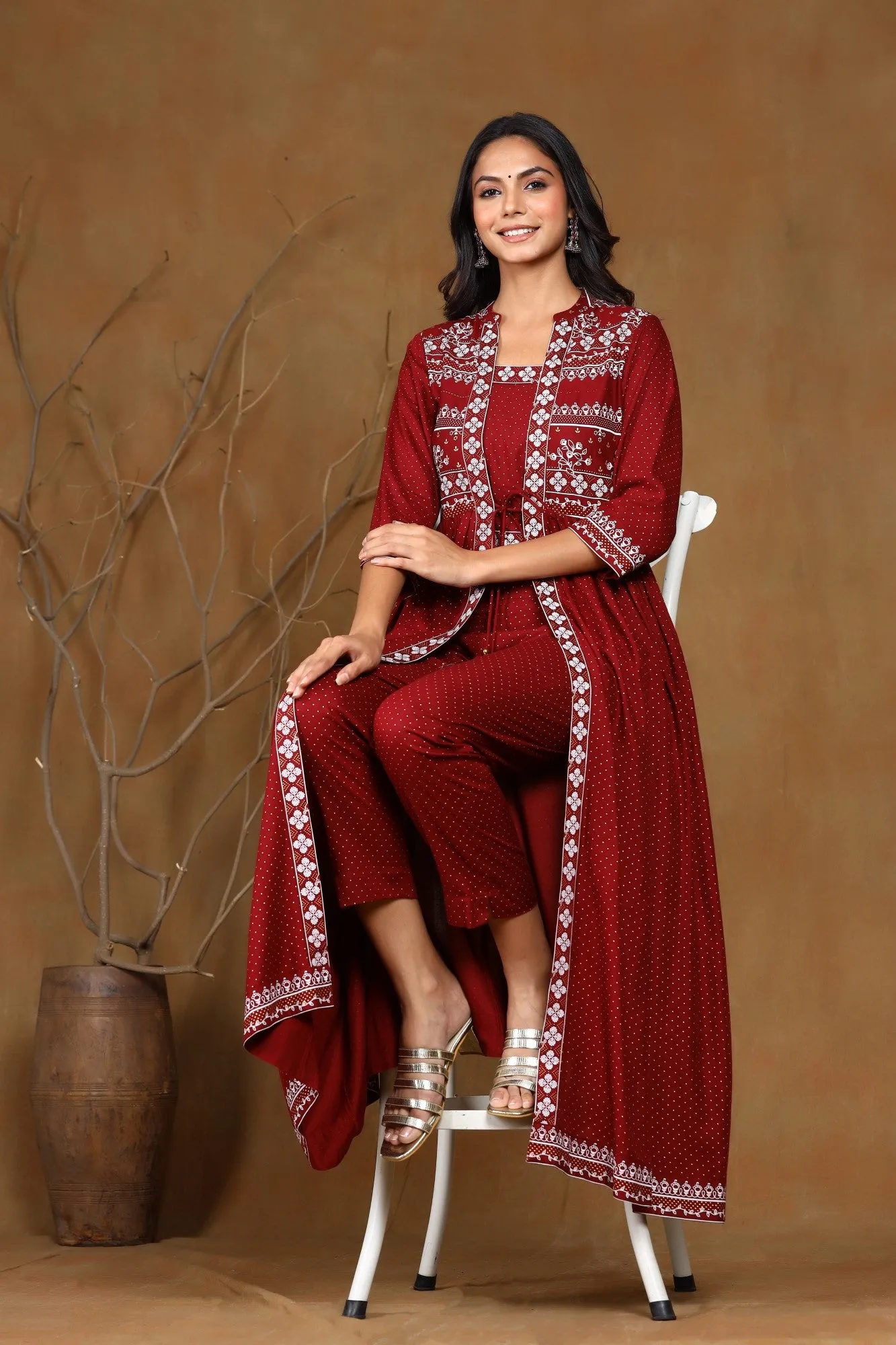 Juniper Maroon Ethnic Motif Printed Rayon Jacket Style Kurta & Pants Set.